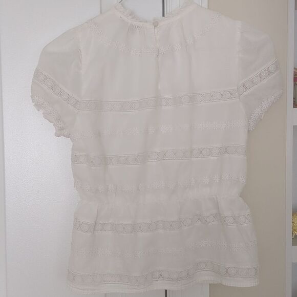 J Crew White Daisy Chain Lace Peplum Ruffle Blouse Boho Chic Size XS Spring Vibe - Picture 7 of 8